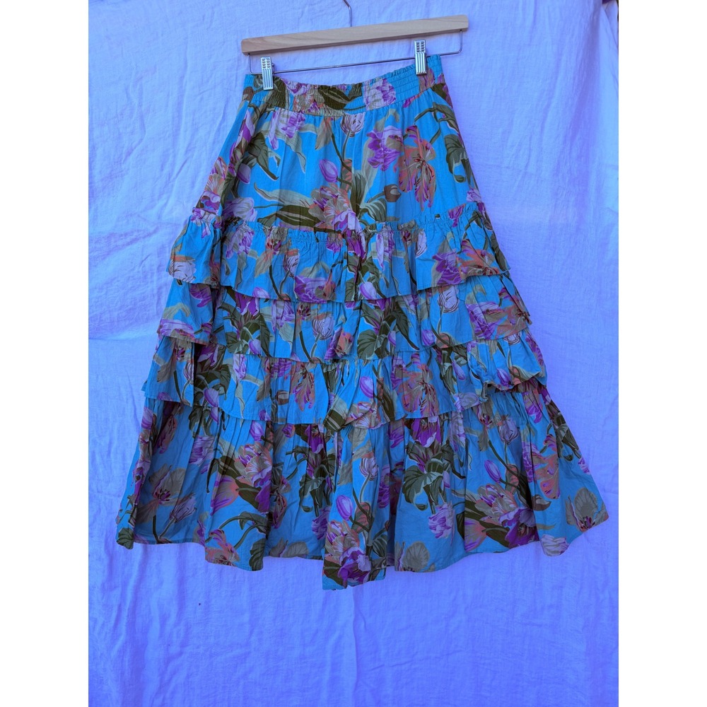 Love the Label Blue Floral Tiered Cotton Maxi Skirt Elastic Waist Womens XS